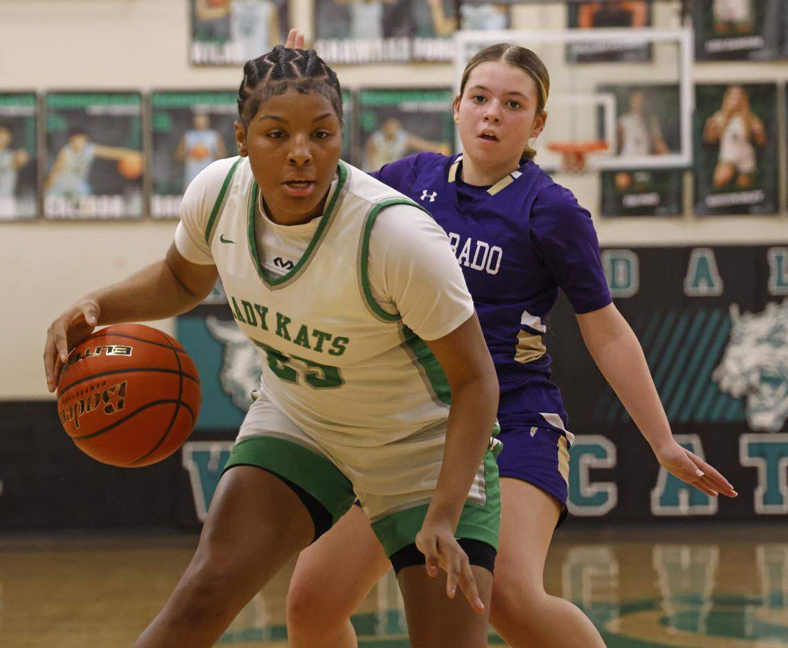 Kennedale forward Ciara Taylor (23) drives the lane during the first half of a UIL basketball game between Alvarado and Kennedale at Kennedale High School in Kennedale, Texas, Tuesday Jan. 13, 2026