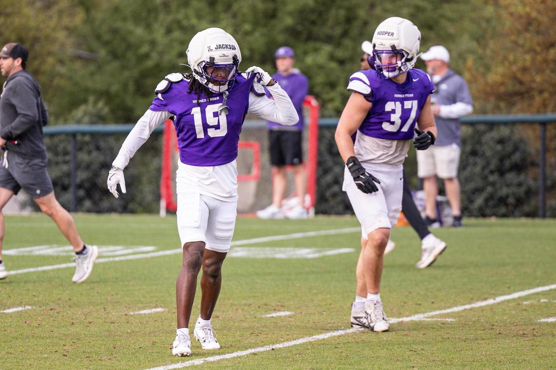 TCU safety Kylin Jackson (19) participates in a spring practice at the Sheridan & Clif Morris Football Practice Fields at TCU in April.