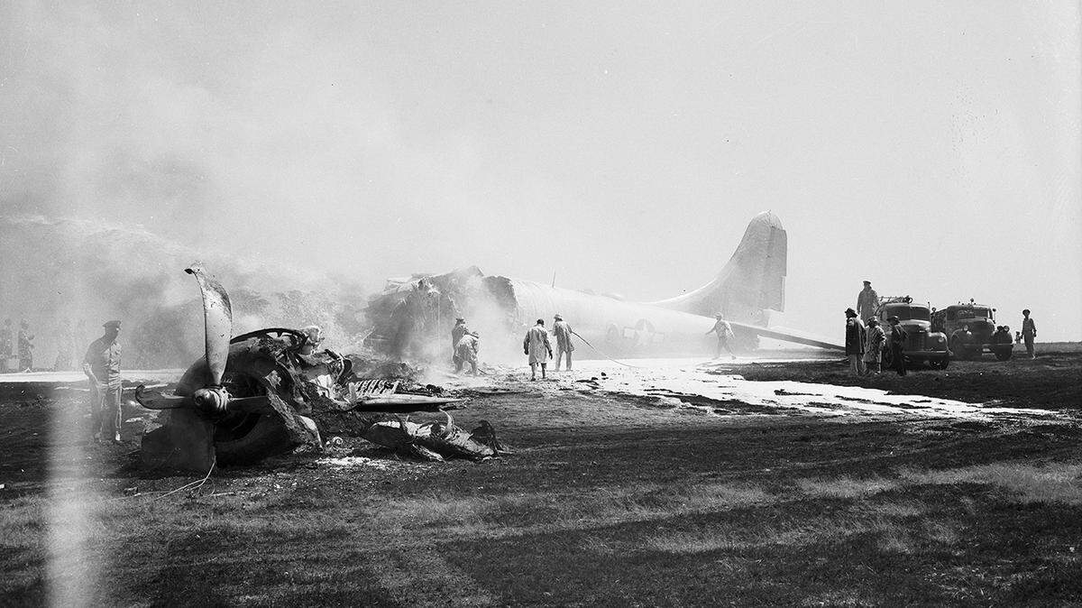 1951: Firemen from Carswell Air Base and Convair poured a flood of chemical mixtures onto a B-29 superfort that blazed after a crash at the base. Flames engulfed the bomber seconds after the plane skidded to a stop, but the five crewmen ferrying the B-29 from Pyote to Warner Robins Air Base, Georgia, escaped without aid from the wreckage.