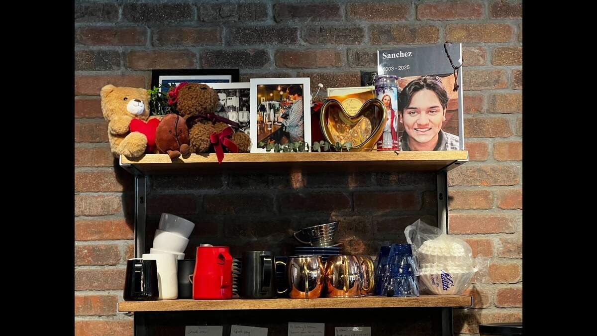 A memorial set up at the Crude Craft Coffee Bar in Fort Worth, where Solomon Sanchez worked.