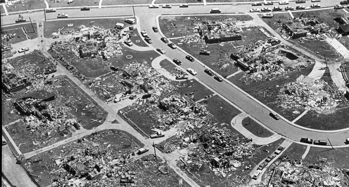 An aerial view shows the destructive force of a powerful tornado that swept through Wichita Falls, Texas, on April 10, 1979. The twister cut a swath through one-third of the city and killed 42 people.