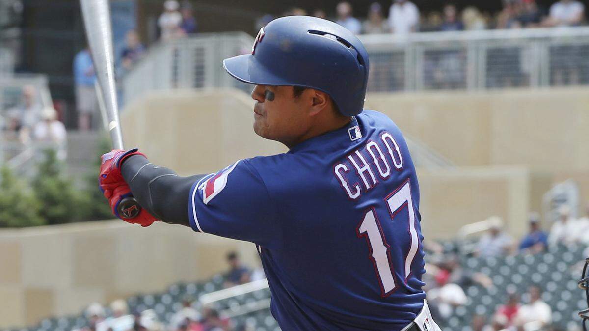 Shin-Soo Choo slapped a double the other way for an RBI in the Rangers' six-run second. The hit extended his on-base streak to a career-best 36 games.