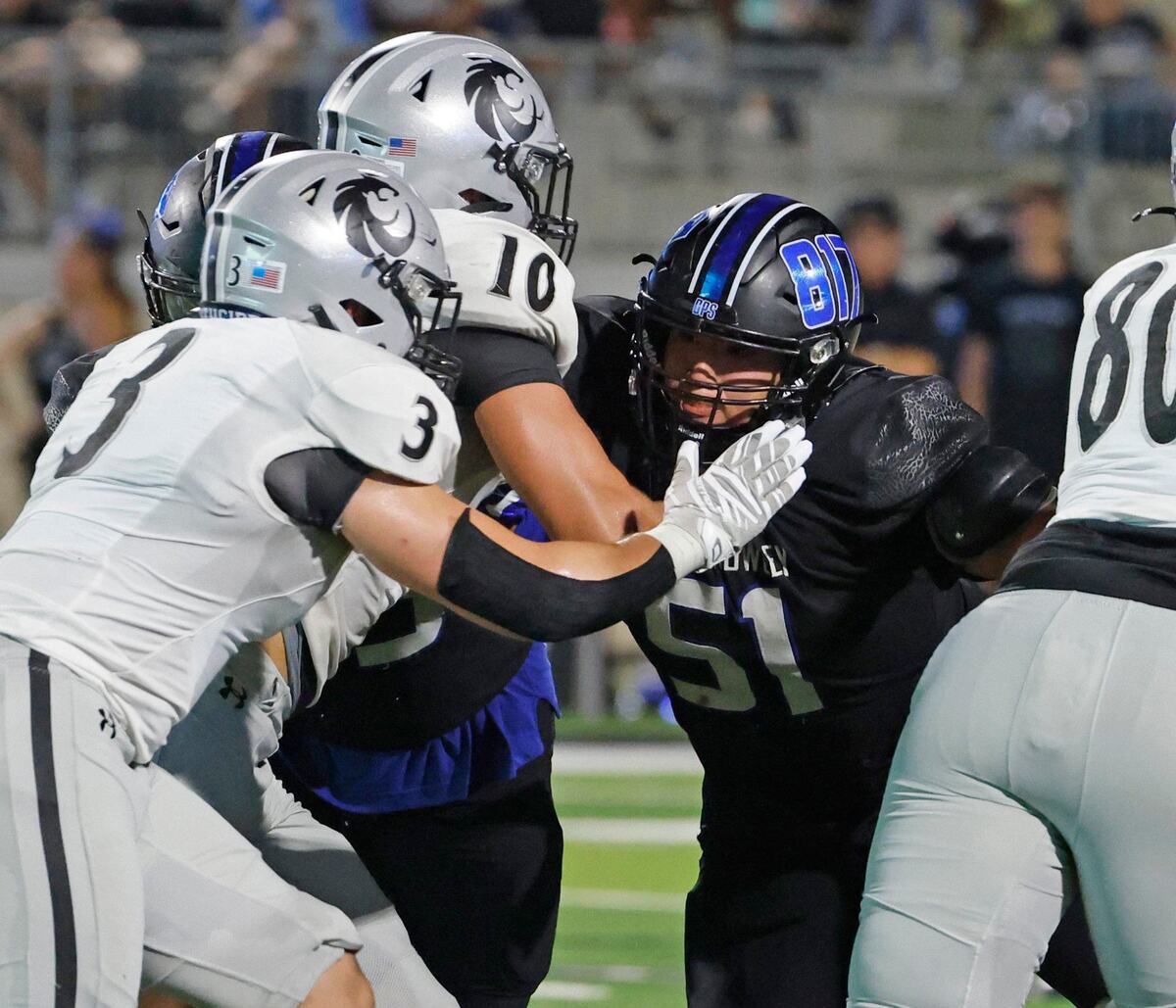 North Crowley center John Delgado (51) clogs up the middle of the line during a UIL football game at Crowley ISD Sports Complex in Fort Worth Friday, Sept. 13, 2024.