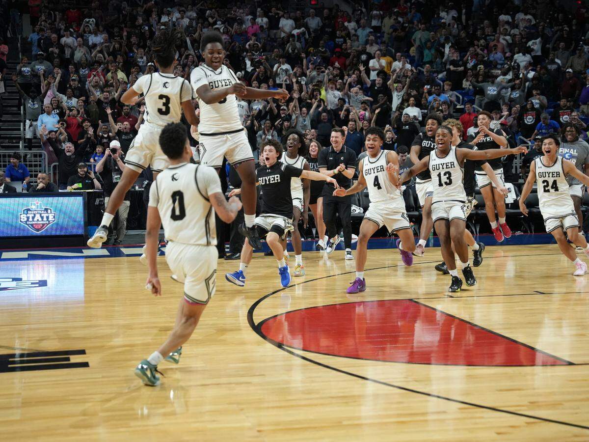 The Denton Guyer Wildcats celebrate a Class 6A Division 2 state championship win over Katy Jordan at the Alamodome in San Antonio on Saturday, March 8, 2025.