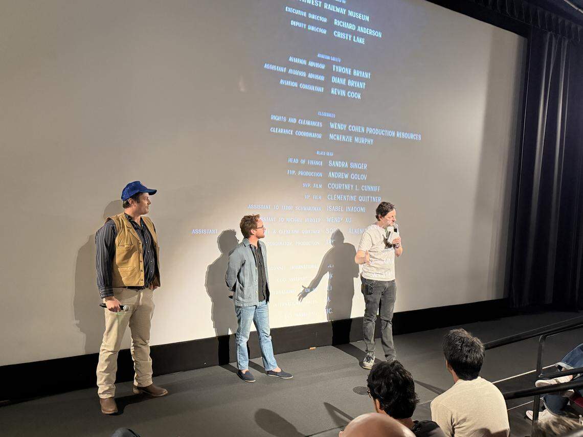 (L-R): “Train Dreams” stunt coordinator Alex Terzieff , director Clint Bentley and Aviation Cinemas CEO Barak Epstein after a screening of the film at the Texas Theatre on Sunday, March 1, 2026.