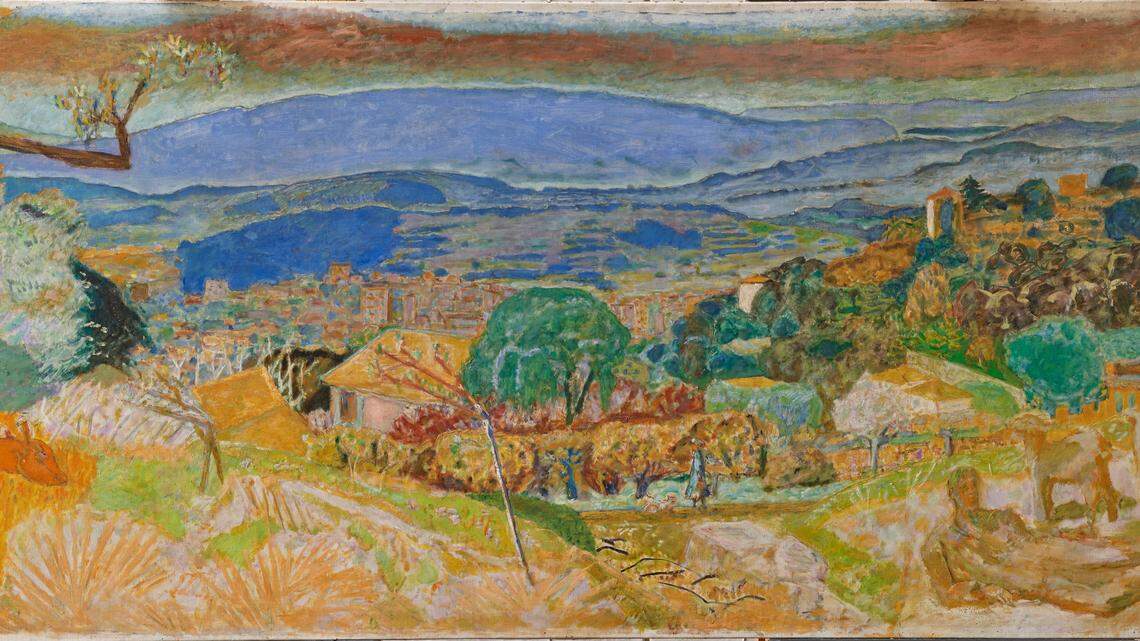Pierre Bonnard, “Landscape at Le Cannet,” 1928, oil on canvas, 50 3/8 x 109 ½ in. Signed (lower right) “Bonnard”