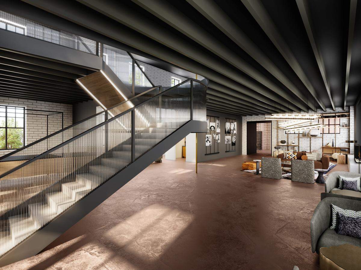 What the inside of the historic firehouse at the Nobleman hotel will look like when finished. The historic firehouse’s original staircase has been incorporated into the lobby’s design.