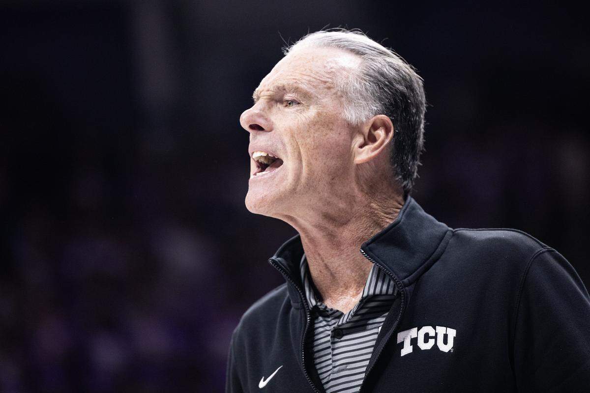 TCU Head Coach Jaime Dixon yells out to his team in the second half of a NCAA basketball game between the TCU Horned Frogs and the Michigan Wolverines at Schollmaier Arena in Fort Worth on Friday, Nov.14, 2025.