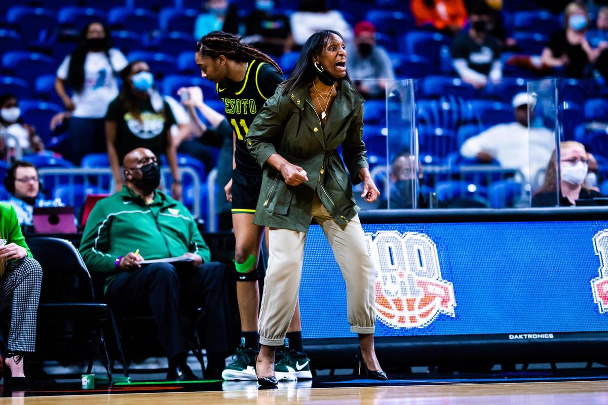DeSoto head coach Andrea Robinson yells to her team during the 6A state final between DeSoto and Cypress Creek at the Alamodome in San Antonio Texas, on March 11, 2021. DeSoto went on to win 53-37. (Photo by Matt Smith. Special to the Star-Telegram).