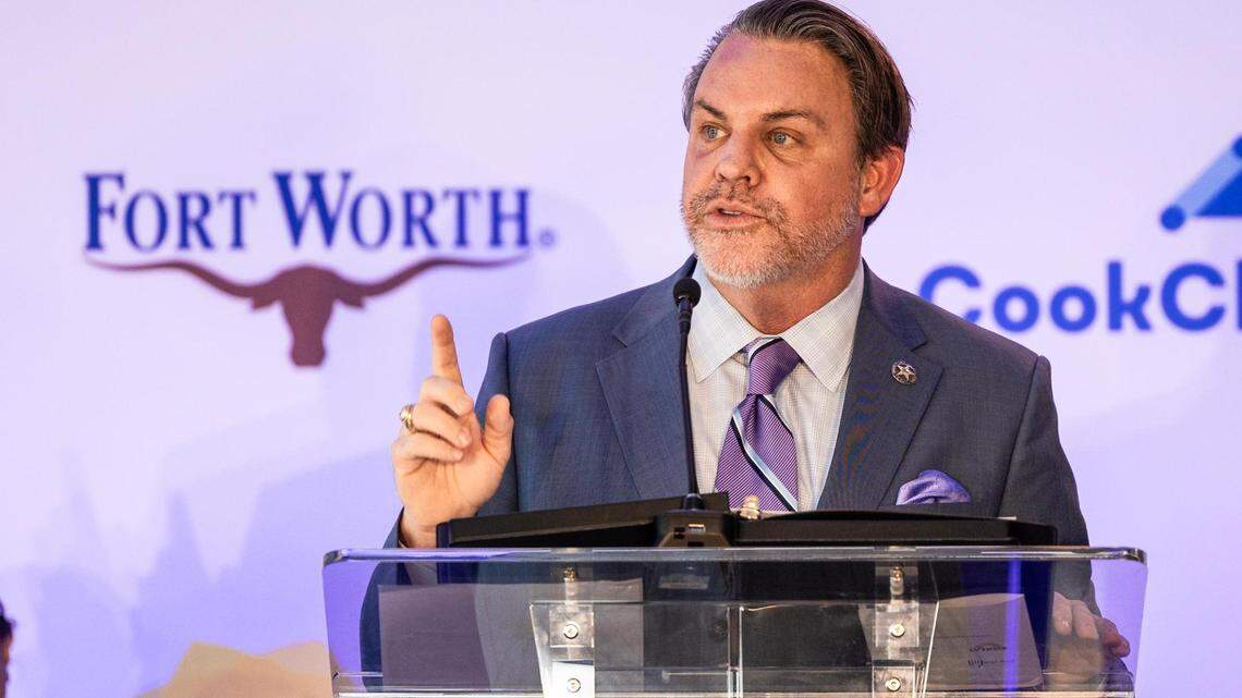 Fort Worth City Councilmember Michael Crain speaks to the dignitaries gathered during the groundbreaking ceremony for the Las Vegas Trail Neighborhood Health Center in Fort Worth on Tuesday, Nov. 14, 2023.