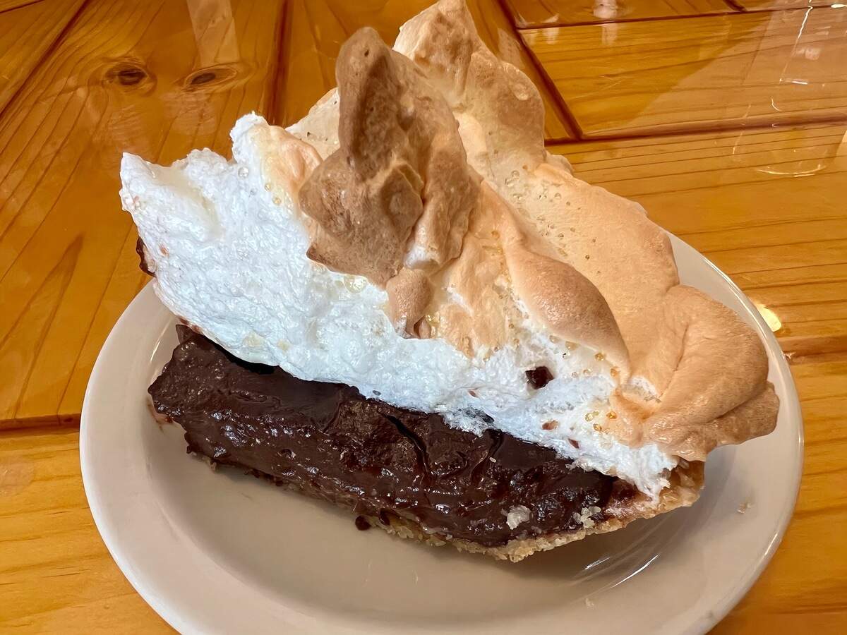 Chocolate meringue pie at Ranchman’s Cafe in Ponder March 27, 2023.