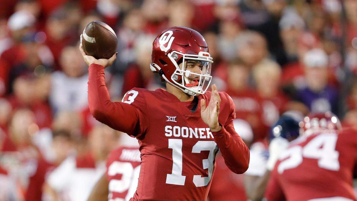 Oklahoma quarterback Caleb Williams looks to pass the ball during the first half against TCU, Saturday, Oct. 16, 2021, in Norman, Okla.