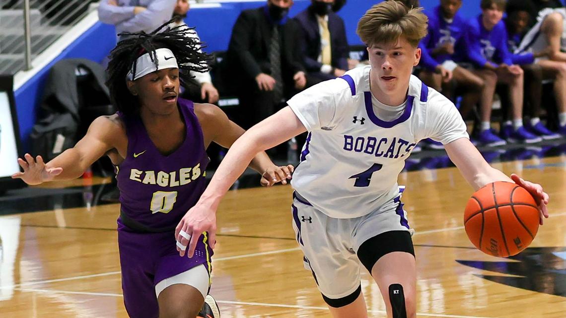 Byron Nelson guard Kaden Morgan (4) tries to dribble past Richardson guard Jaylon Barnett (0) during the first half of a 6A Region I Regional Semifinal Boys Basketball playoff game played on March 2, 2021 at Rock Hill High School in Frisco, TX. (Steve Nurenberg Special to the Star-Telegram)
