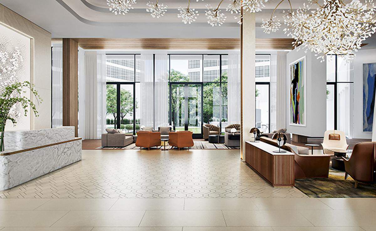 Rendering of the hotel lobby.