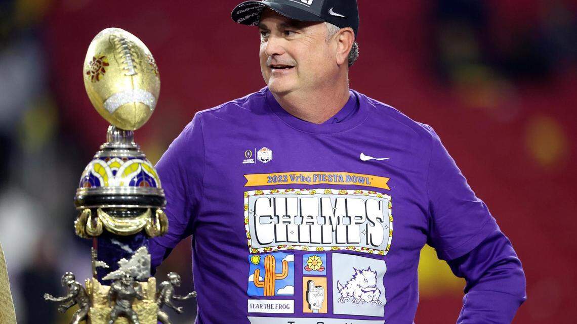 TCU head coach Sonny Dykes, shown waiting to receive the Fiesta Bowl trophy after defeating Michigan in the CFP semifinal, had a strong recruiting class.
