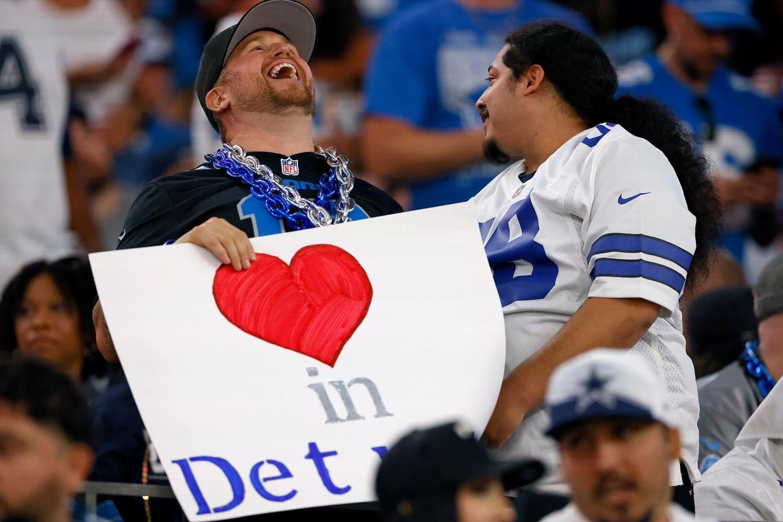 Detroit Lions fans react during the third quarter during a blowout against the Dallas Cowboys on Sunday, Oct. 13, 2024, at AT&T Stadium in Arlington.