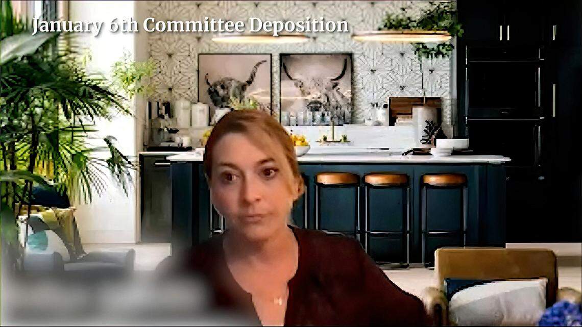 This image released by the House Select Committee investigating the Jan. 6, 2021, attack on the U.S. Capitol shows Kellye SoRelle, general counsel for the antigovernment group Oath Keepers, during a deposition displayed at a hearing by the committee on July 12, 2022, on Capitol Hill in Washington.