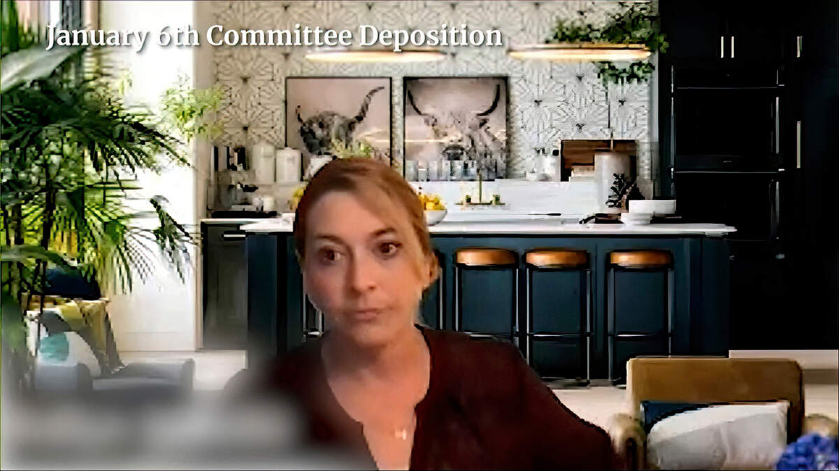 This image released by the House Select Committee investigating the Jan. 6 attack on the U.S. Capitol shows Kellye SoRelle, general counsel for the antigovernment group Oath Keepers, during a deposition displayed at a hearing by the committee on July 12 on Capitol Hill in Washington. The Department of Justice said Thursday that SoRelle was arrested in Texas on charges in connection with the attack, including conspiracy to obstruct an official proceeding.