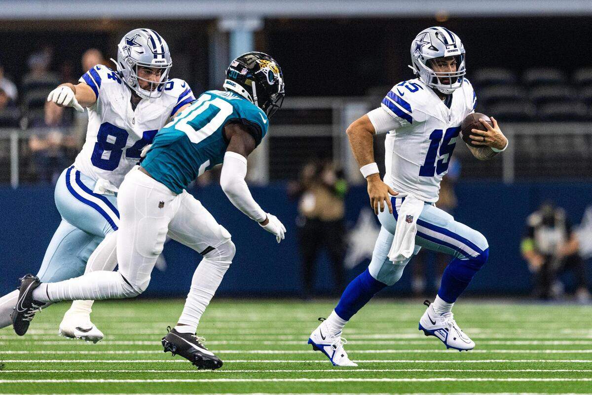 Dallas Cowboys quarterback Will Grier (15) runs the ball second quarter during the first preseason game between the Dallas Cowboys and Jacksonville Jaguars at AT&T Stadium in Arlington, Texas on Saturday, Aug. 12, 2023.