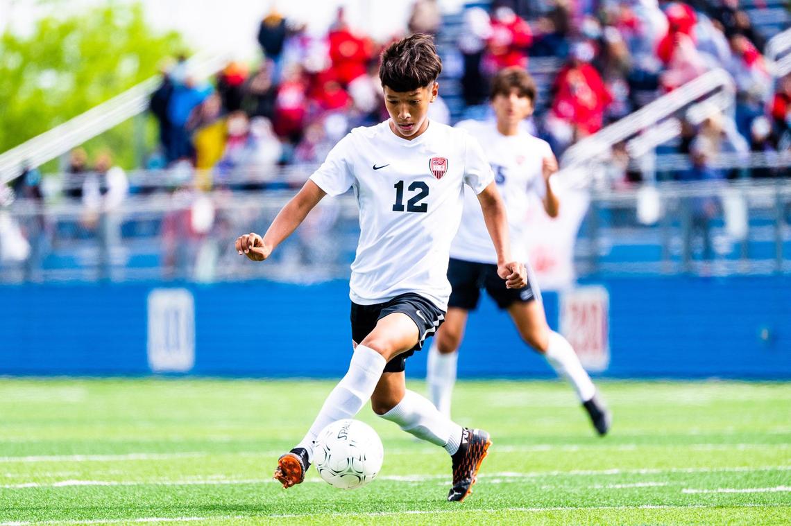 Edgar Rodriguez (12) maneuvers the ball during the 4A state final between Fort Worth Diamond Hill-Jarvis and Boerne at Birkelbach Field in Georgetown Texas, on April 17th 2021. Photo by Matt Smith (Special to the Star-Telegram).