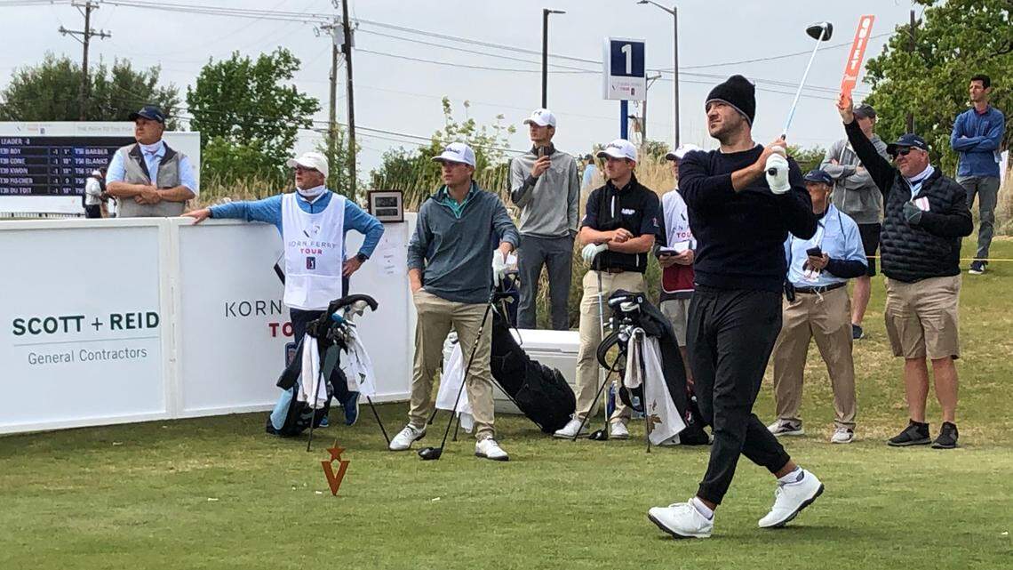 Former Dallas Cowboys quarterback Tony Romo tees off during Round 1 of the Veritex Bank Championship at Texas Rangers Golf Club in Arlington on Thursday, April 22, 2021.