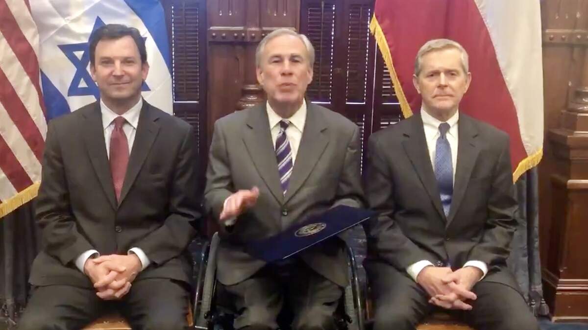 Gov. Greg Abbott published a video supporting by Rep. Phil King, right, supporting an anti-Semitism advisory council. Rep. Craig Goldman, left, supports King’s bill.