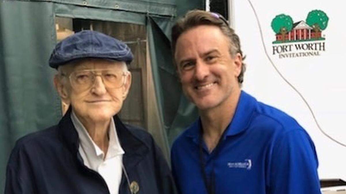 A most cherished photograph: Legendary sports writer Dan Jenkins (L) with Star-Telegram sports columnist Mac Engel at the Fort Worth Invitational in 2018. One of the final interviews Jenkins gave was with the Star-Telegram in Sept. of 2018. He died on Thursday at the age of 89.