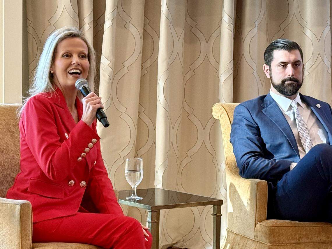 Texas Senate District 9 candidates Leigh Wambsganss, left, and John Huffman spoke to the Cowtown Republican Women, Sept. 3, 2025, at River Crest Country Club in Fort Worth, Texas.