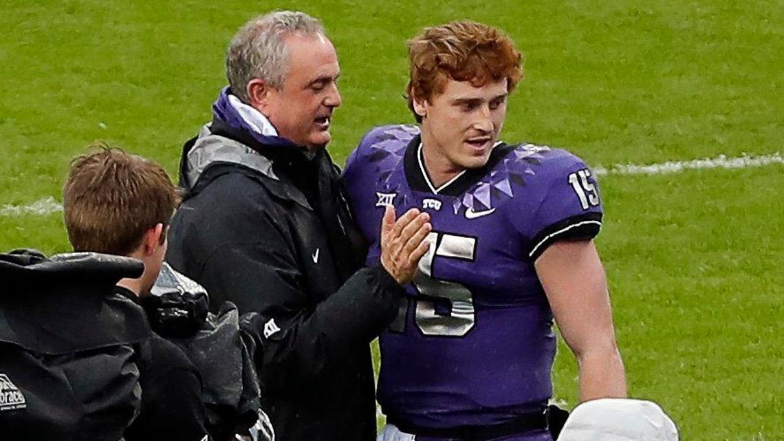 TCU coach Sonny Dykes greets quarterback Max Duggan before the first half of a NCAA football game at Amon G. Carter Stadium in Fort Worth, Texas, Saturday, Nov. 26, 2022. (Special to the Star-Telegram Bob Booth)