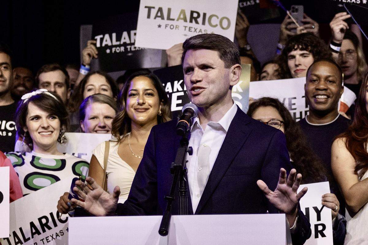 U.S. Senate candidate James Talarico addresses supporters in Austin on primary election night, March 3. 