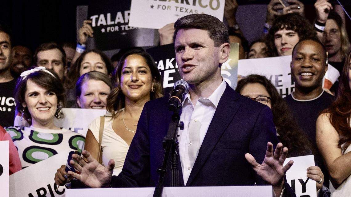 U.S. Senate candidate James Talarico addresses supporters on election night on March 03, 2026, in Austin, Texas. He leads Republicans John Cornyn and Ken Paxton in a new poll. 