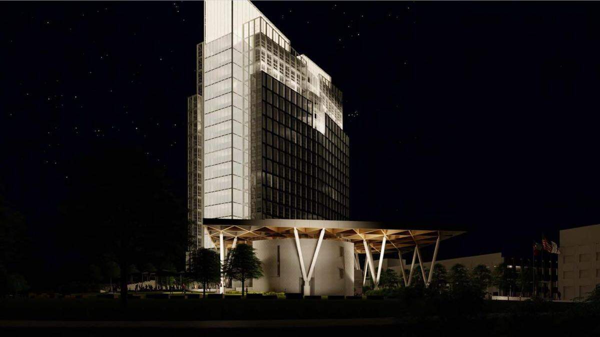 An view of the design for Fort Worth’s new city hall building at night. 