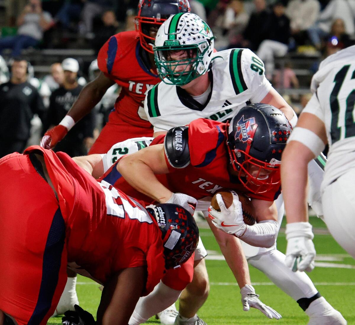 Northwest wide receiver Kobey Wall (4) breaks through from the one yard line to put up their first score during a District 4 6A football game at Northwest ISD Stadium in Justin, Texas, Thursday, Oct. 17, 2024.
