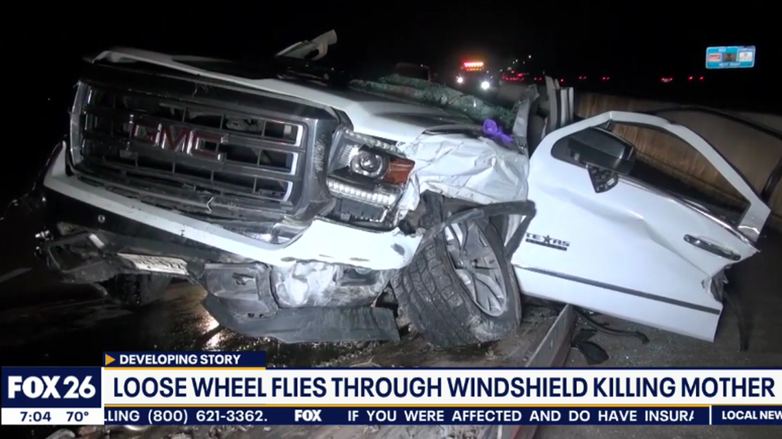 A tire flew off a pickup truck into the windshield of another truck, killing a mother driving
