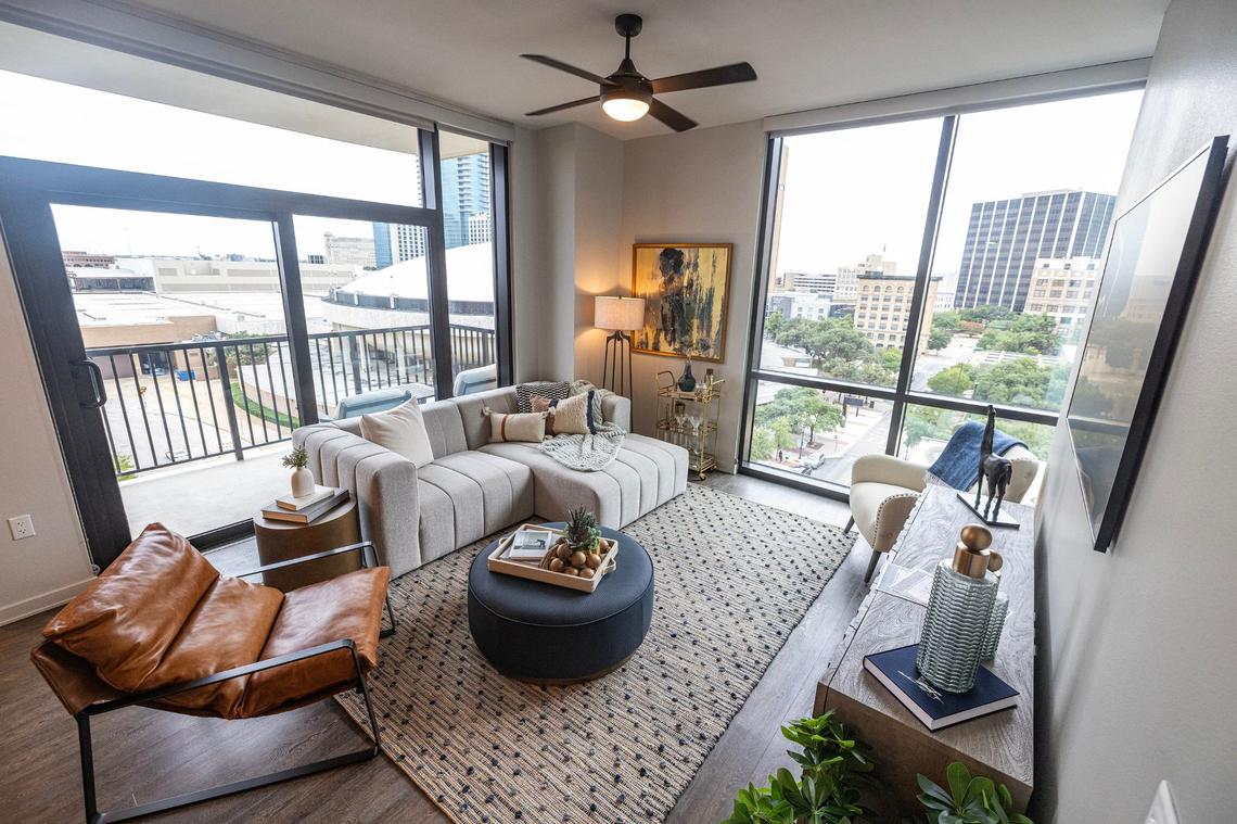 A model of the two bedroom, two bathroom apartment in the new Deco 969 High-Rise Apartments in downtown Fort Worth on Wednesday, July 17, 2024.