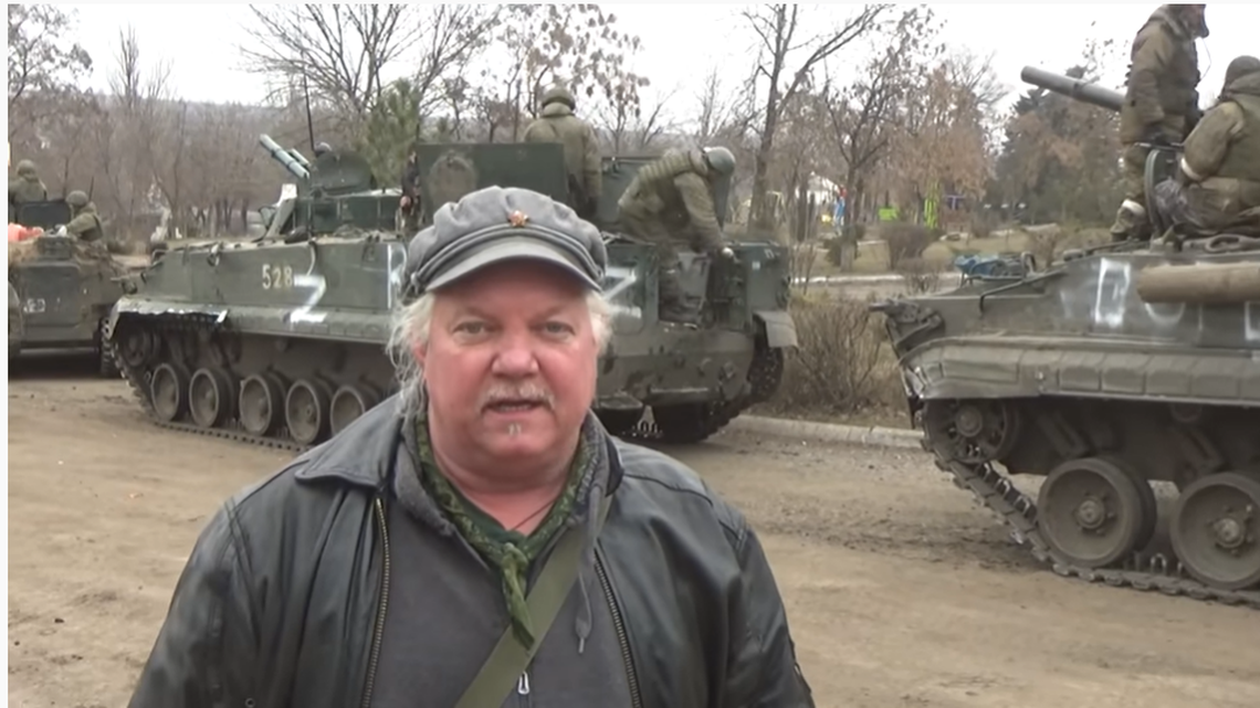 Russell Bonner Bentley, formerly of Texas, stands before Russian military forces invading Ukraine.