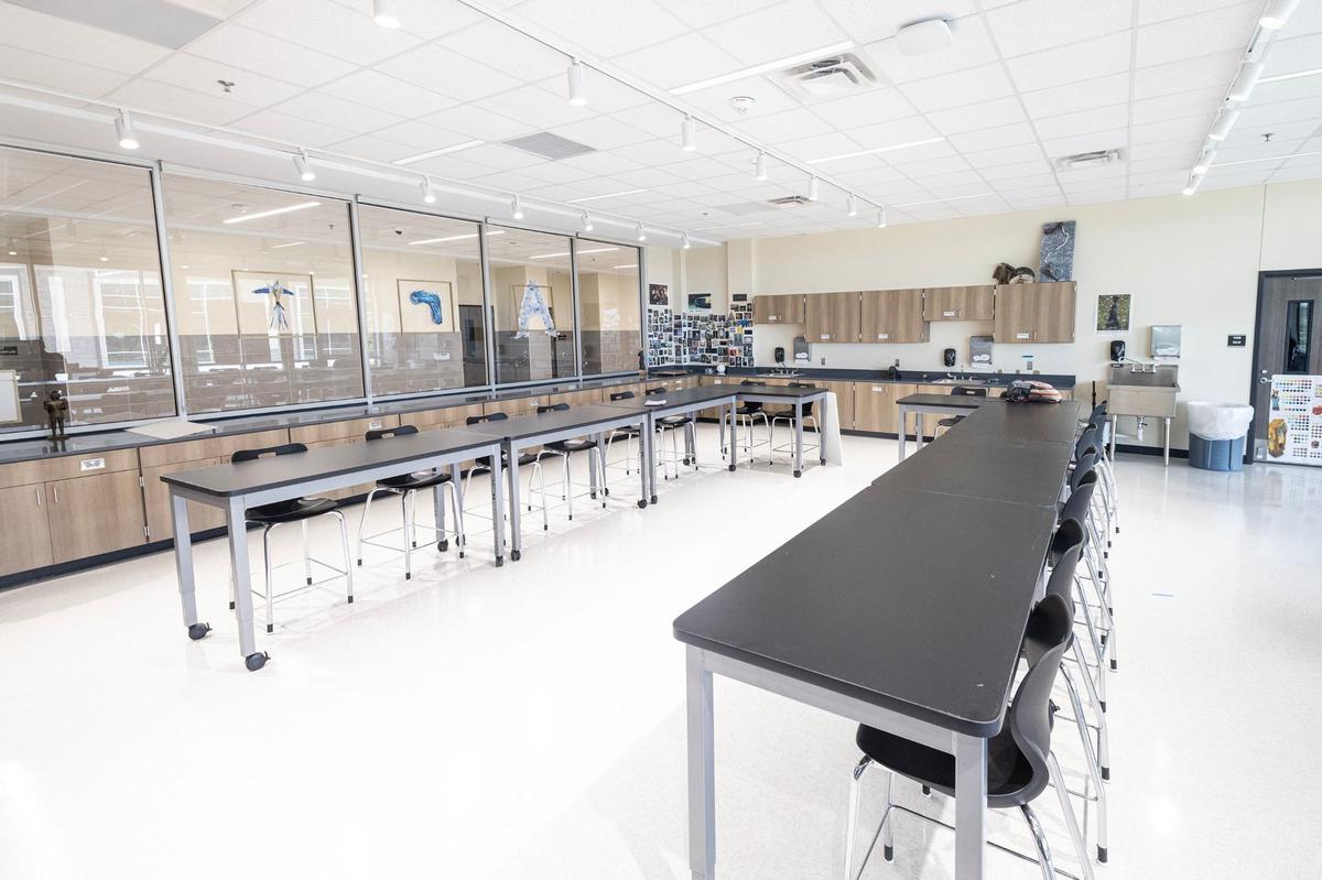 The inside of an art classroom at the new Eagle Mountain High School. The windows on both sides of the classroom allow for more natural light.