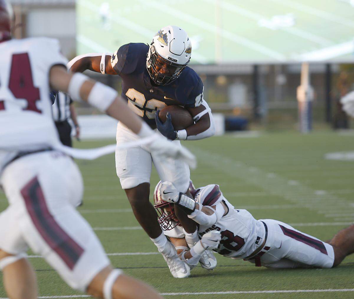 Keller’s David Makia (23) breaks a tackle against Keller Central during their game at Keller ISD Athletic Complex on Friday, Sep. 26 ,2025.
