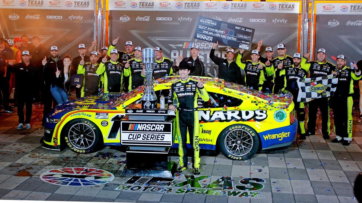 Ryan Blaney celebrates after winning the 2022 NASCAR All Star race at Texas Motor Speedway in May. NASCAR announced its 2023 schedule this week, and it will race one time at TMS next season.