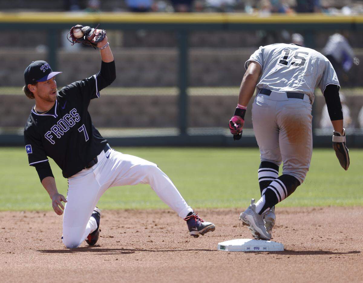 TCU short stop Cole Cramer (7) gets New Mexico State infielder Steve Solorzano (15) at second during an NCAA baseball game at Lupton Field at TCU in Fort Worth, Texas, Tuesday, March, 17, 2026.