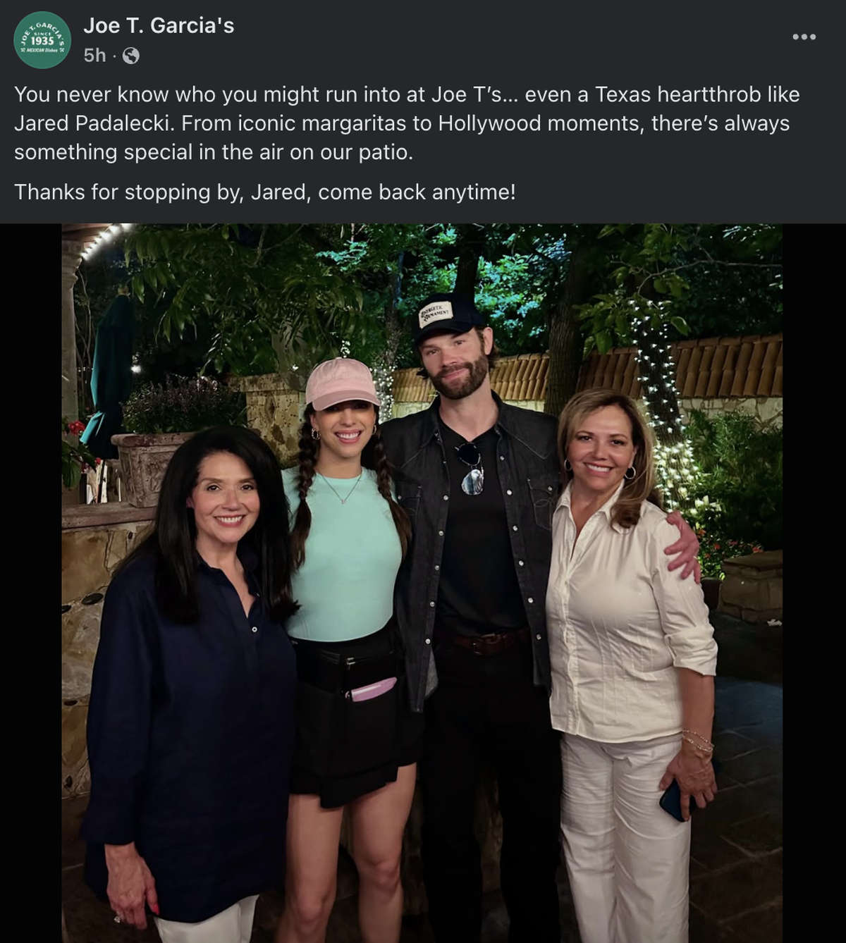 “Supernatural” and “Gilmore Girls” star (and Texan) Jared Padalecki stopped by Joe T. Garcia’s on May 23. The popular Stockyards restaurant posted about his visit on Facebook, saying “You never know who you might run into at Joe T’s… even a Texas heartthrob.”