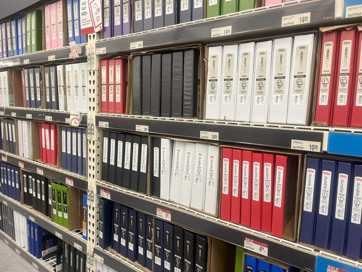 Binder selection at Office Depot in Fort Worth on July 24, 2025.