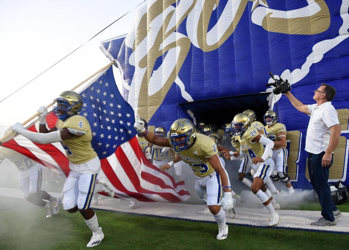 The Boswell football team takes the field before playing Trinity in Friday’s September 16, 2022 District 3-6A football game at Boswell High School Pioneer Stadium in Fort Worth, Texas. Special/Bob Haynes
