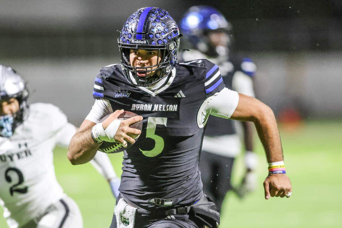 Byron Nelson quarterback Parker Almanza runs for a 26-yard touchdown against Denton Guyer in a Class 6A Division II regional semifinal Friday, Nov. 28, 2025, at Northwest ISD Stadium in Justin, Texas.
