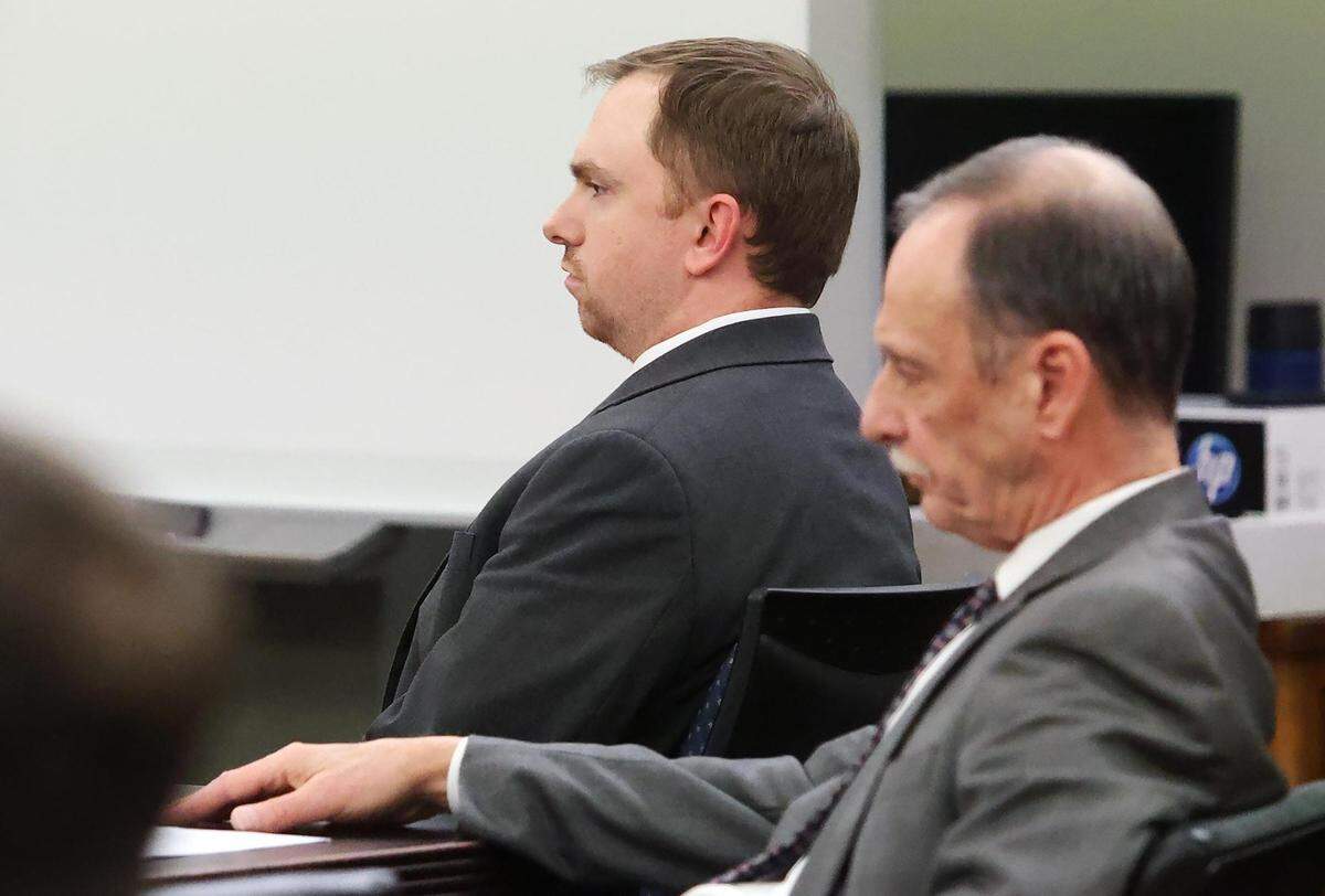 Aaron Dean listens as Ashley Carr, Atatiana Jefferson’s sister, gives her victim impact statement on Tuesday after he was sentenced to 11 years, 10 months and 12 days in the 2019 killing of Atatiana Jefferson.