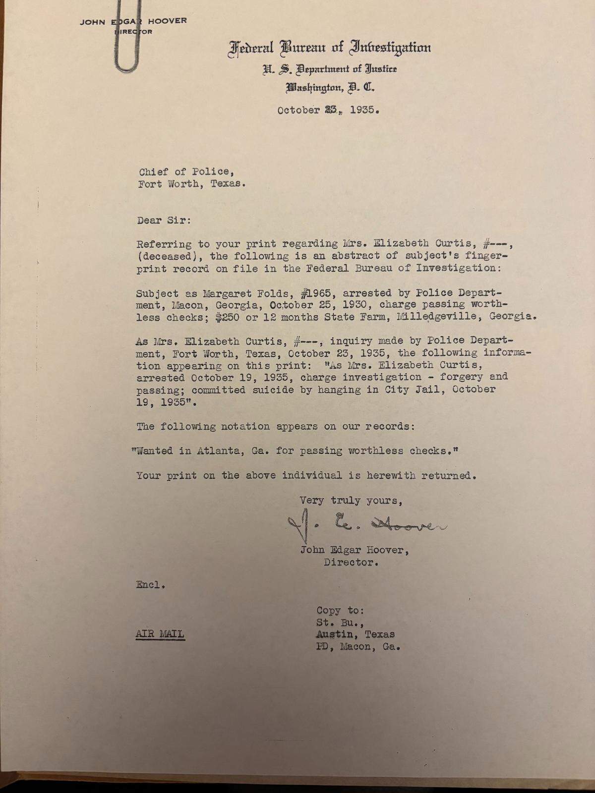 A letter signed by FBI Director J. Edgar Hoover.