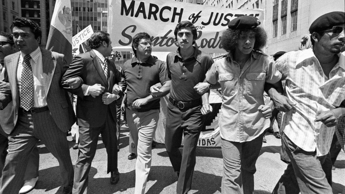 Dallas Chicano march organizers lead the “March of Justice for Santos Rodriguez” in downtown Dallas on July 28, 1973.