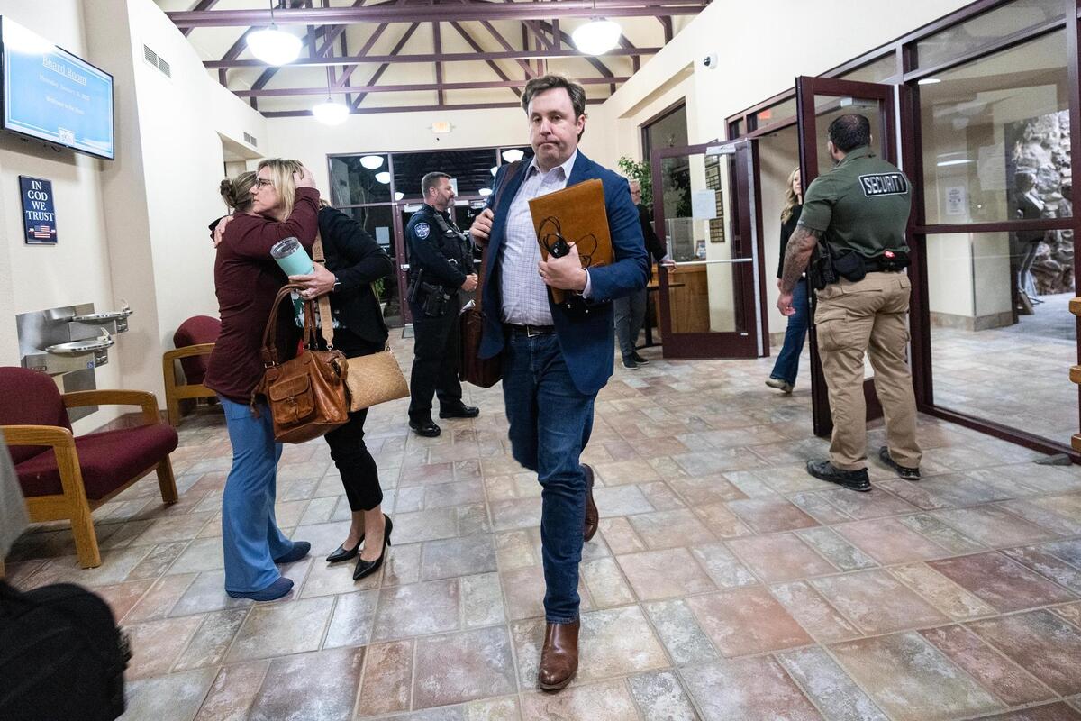 Tim Davis, the attorney representing the Keller ISD School Board, exits the meeting room for a 10 minute break during a special meeting regarding the possible split of the Keller Independent School District at the Keller ISD Education Center in Keller on Thursday, Jan. 16, 2025.