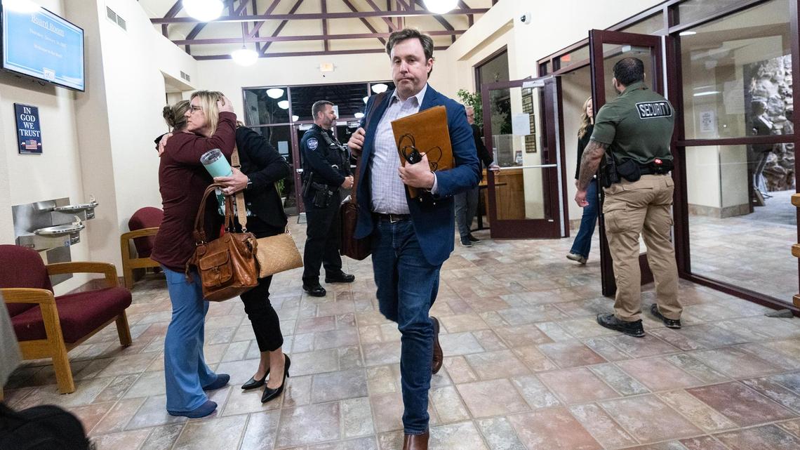 Tim Davis, the attorney representing the Keller ISD School Board, exits the meeting room for a break during a special meeting regarding the possible split of the Keller Independent School District at the Keller ISD Education Center in Keller on Thursday, Jan. 16, 2025.