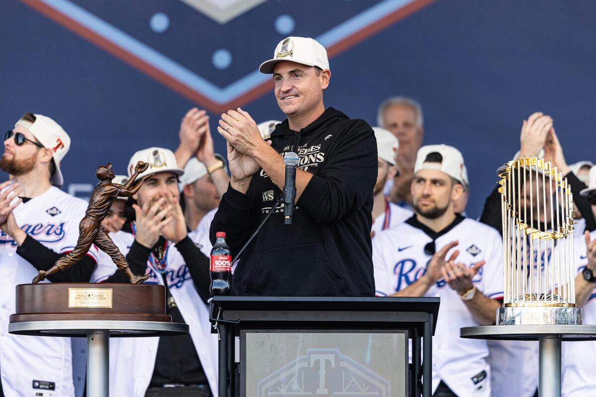 Texas Rangers General Manager Chris Young speaks to the crowd gathered to celebrate the Texas Rangers World Series championship at the Celebration Ceremony at the Texas Live! Plaza in Arlington on Friday, Nov. 3, 2023.
